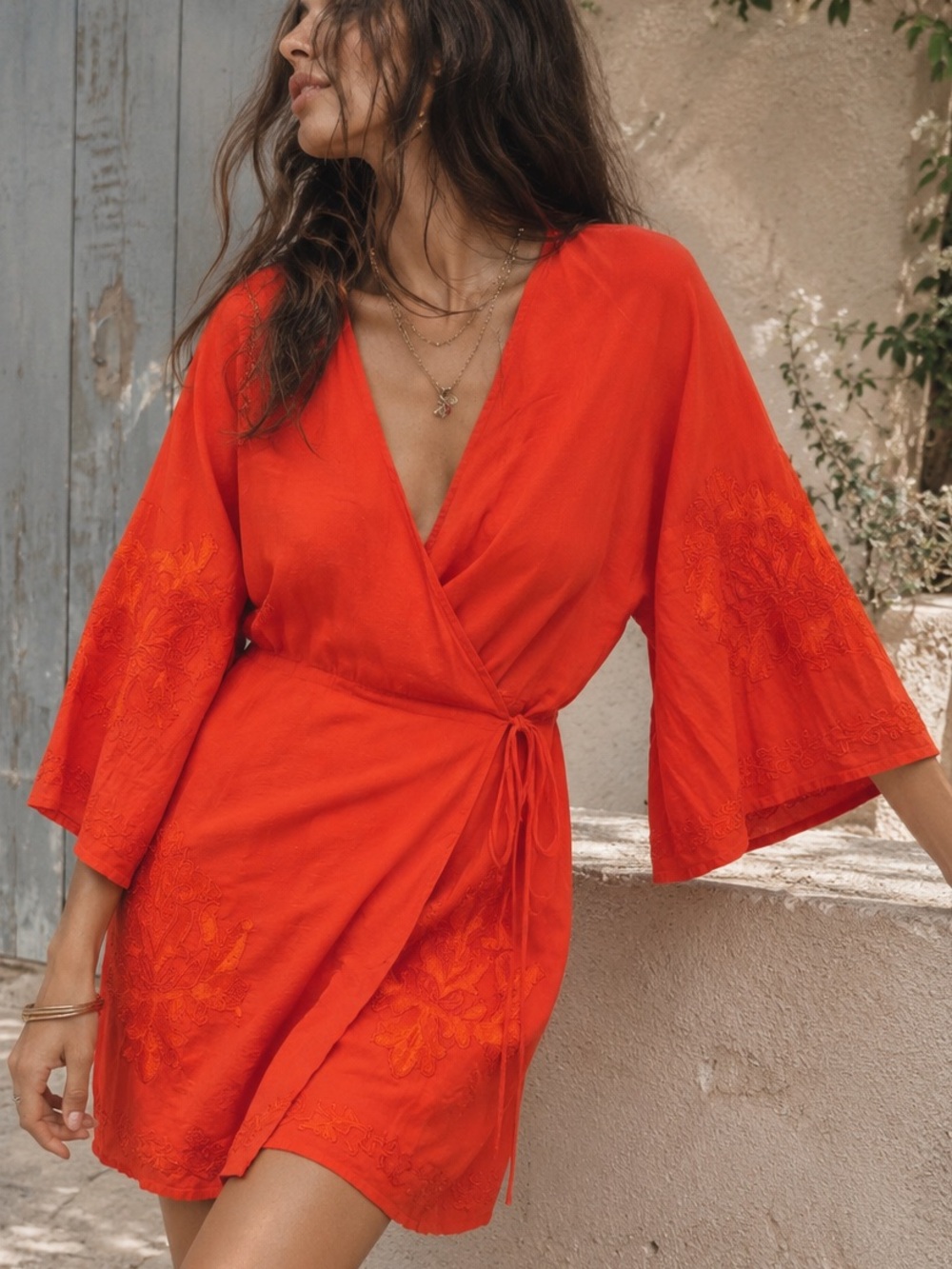 Zara Coral Embroidered Wrap Dress Large Bell Sleeve Boho Festival Midi
